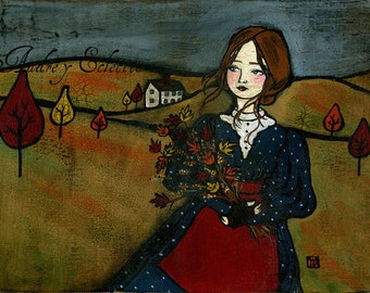 PRINT Maple and Bittersweet autumn old fashioned girl folk art 8x10