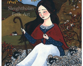 8x10 PRINT Down the Autumn Fells scottish shepherd folk art