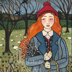 Puede incluir: Una pintura de una mujer con cabello rojo que lleva un sombrero rojo y un abrigo azul. Ella lleva una cesta de ramas de sauce y camina por un campo de ovejas. La pintura se titula "Sleightholm Folk Art".
