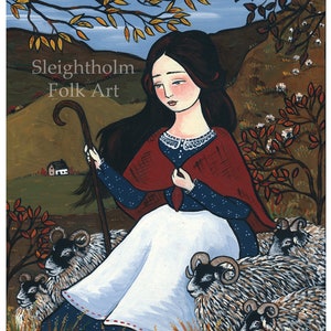 11x14 PRINT Down the Autumn Fells scottish shepherd folk art afbeelding 2