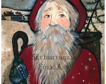 PRINT Country Santa 8x10 folk art christmas art