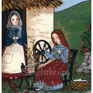 PRINT Cottage Spinner folk art 8x10