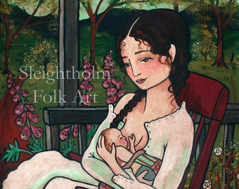 Summer Porch Nursing 8x10 breastfeeding folk art