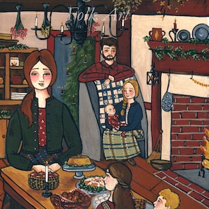 Puede incluir: Una pintura de una familia reunida alrededor de una mesa para una comida festiva. La mesa está puesta con una variedad de platos, incluyendo un asado, una cazuela y un tazón de fruta. La familia está vestida con ropa abrigada y parece estar disfrutando de su comida. La pintura está hecha en un estilo de arte popular y presenta colores brillantes y líneas simples.