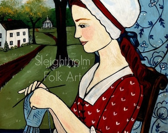 8x10 Print Elizas Knitting prim folk art