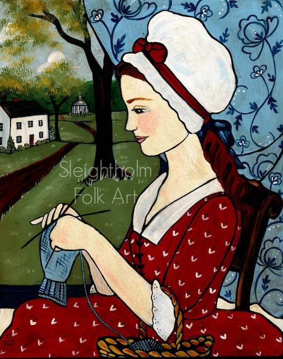 8x10 Print Elizas Knitting prim folk art