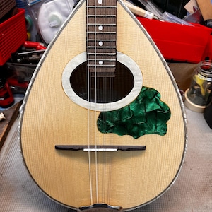 May include: A light-colored mandolin with a pear-shaped body. The instrument features a dark fretboard with white inlays, a sound hole with a white border, and a green decorative element. The strings are visible, and the bridge is dark brown.