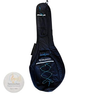 May include: Black padded musical instrument case with the word "ROMANZA" in white lettering. The case has a zippered pocket and a teal-colored drawstring design. The case is designed to carry a stringed instrument.