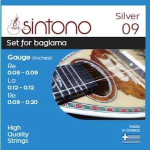 May include: A package of Sintono Silver 09 strings for baglama. The label shows string gauges in inches: Re 0.09-0.09, La 0.12-0.12, and Re 0.09-0.20. The package is blue with a close-up of a baglama instrument.
