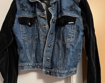 Vintage Jordache Embellished Denim Jacket with Velvet Sleeves size Large fits like Medium