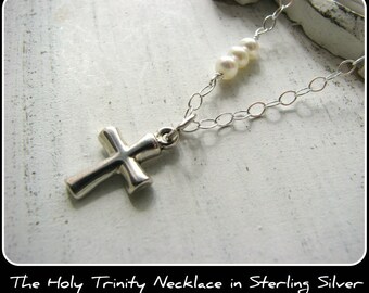 Customer Favorite Small Petite Cross Necklace - Pearls Sterling Silver Charm - Faith Jewelry Holy Trinity - Gift Graduation