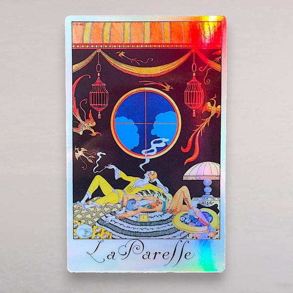 Laziness Sticker – Charles Barbier, Art Nouveau Illustration, 9.15 × 5.7 cm, Holographic Laminated Vinyl