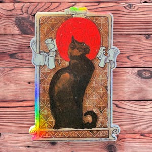 Adesivo olografico Art Nouveau gatto nero – Théophile Steinlen, 1896, 8 cm, vinile laminato resistente, riflessi arcobaleno