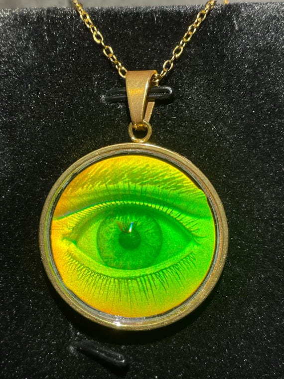 Pendentif Hologramme œil En 3D - Verre Transparent, Cerclage Plaqué Or 30 Mm, Neuf