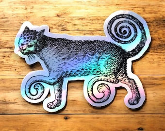Holographic sticker of a spiral cat drawing from a Renaissance book, medieval spiral cat holographic sticker