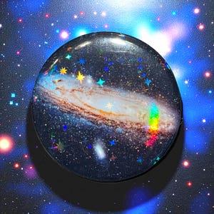 Andromeda Galaxy Badge with Holographic Star Effect, stars, space, pin, button, holographic, Horsehead Nebula, astronomy