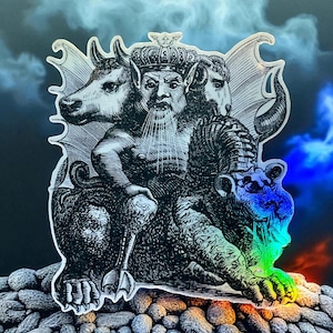 Holografischer Asmodaeus-Aufkleber – Dämon aus dem Höllenlexikon – Laminierte Hologramm-Vinylfolie – Okkulte Halloween-Dekoration