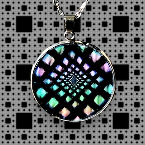 Animated lenticular pendant, infinity tunnel, 30mm/1.18 inch squares, handcrafted lenticular image on a steel base, OPart, optical illusion