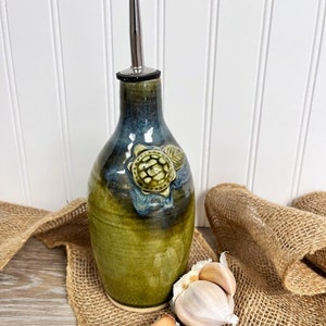 Turtle Green Olive Oil Dispenser, Handmade Pottery