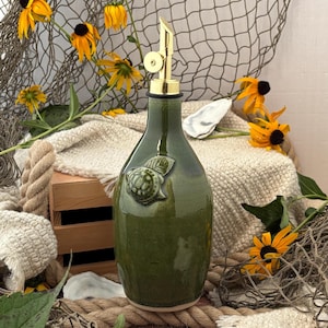 Turtle Green Olive Oil Dispenser, Handmade Pottery