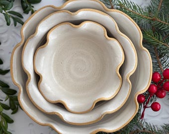Frost White Raw Rim Ruffle Bowls Small, Medium Large, Nesting Set, Handmade Pottery
