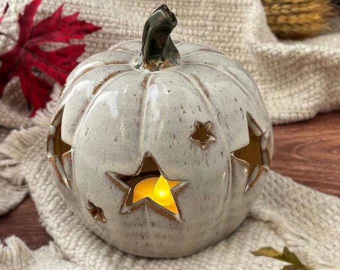 LIMITED EDITION White Pumpkin Luminary One-of-A-Kind, Handmade Ceramics, Autumnal Summerween Decor
