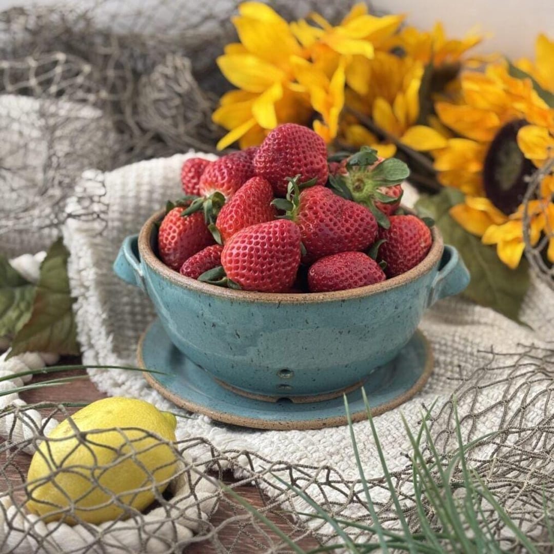 Turquoise Berry Handmade Ceramic Speckled Turquoise Raw Rim Berry Bowl With Drip Plate ...