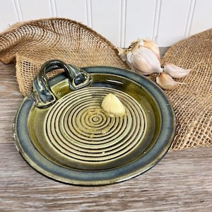 Marshland Green Garlic Grater Olive Oil Dipping Dish, Handmade Pottery