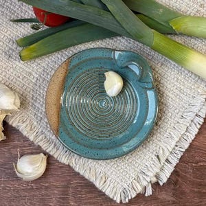 May include: A round ceramic grater plate with a speckled teal glaze and a textured spiral center. The plate features a small handle on the right side and a smooth, unglazed tan rim. A single clove of garlic rests in the center of the plate.