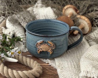 16 oz Handmade Ceramic Crab Bay Blue Chowder Mug Chowder Bowl