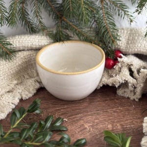 May include: A white ceramic bowl with a light tan rim. The bowl is set on a wooden surface, with greenery and a beige textile in the background. Red berries and pine branches add a festive touch to the scene.