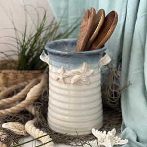 Starfish Ceramic Utensil Holder, Stoneware Kitchen Organizer Crock for Spoons