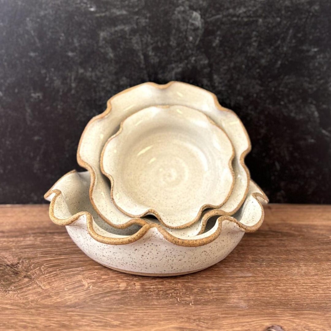 Handmade Ceramic Saltstone Speckled White Ruffle Bowl in Small, Medium ...