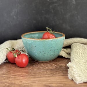 May include: A round ceramic bowl with a speckled light blue-green glaze and a brown rim. The bowl contains one red tomato with a green stem, while two additional red tomatoes with green stems are positioned on the surface next to the bowl.