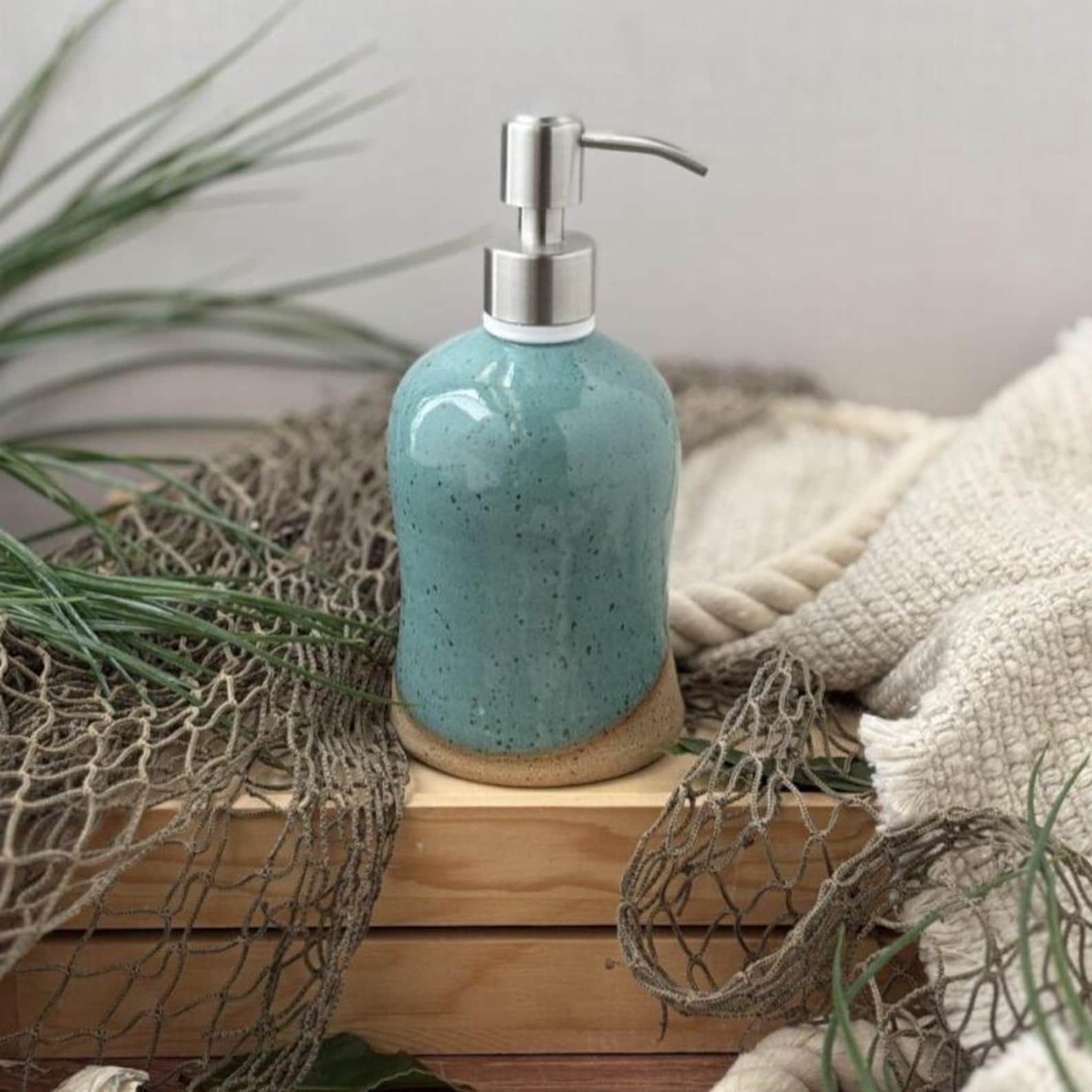 Speckled Turquoise Liquid Soap Dispenser // Lotion Dispenser, Handmade Pottery