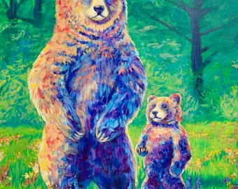 Pittura acrilica originale mamma orsa e bambino