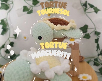 Peluche crochet tortue, amigurumi, tortue tournesol et marguerite