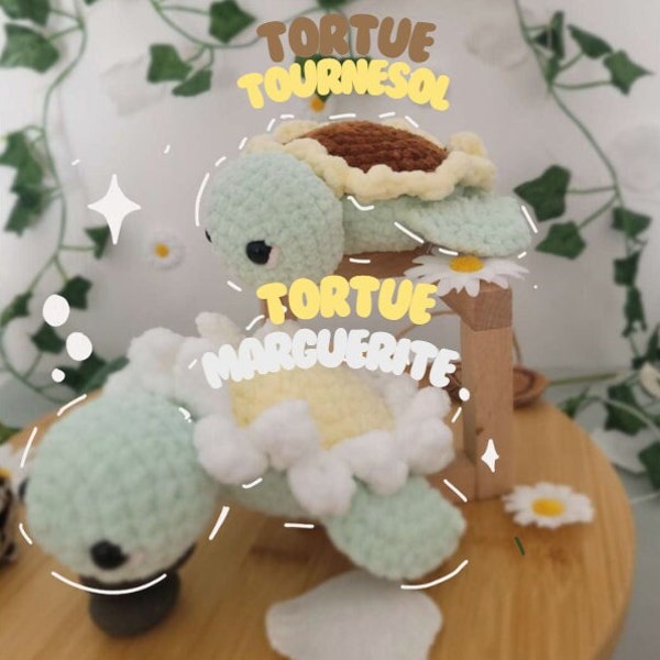 Peluche crochet tortue, amigurumi, tortue tournesol et marguerite