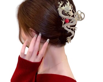 Chinesische Drachen-Haarspangen – rote Perlen- und Strass-Haarnadel, Metall-Modeschmuck, elegante Haar-Accessoires für Frauen und Mädchen