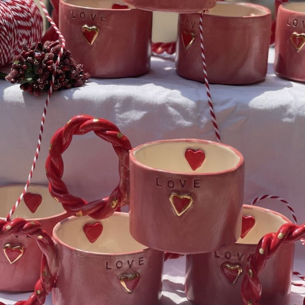 Handmade Ceramic Love Mug with Twisted Handle - Pink & Red, Real 24K Gold Detail, Perfect for Filter Coffee, Unique Artisan Cup