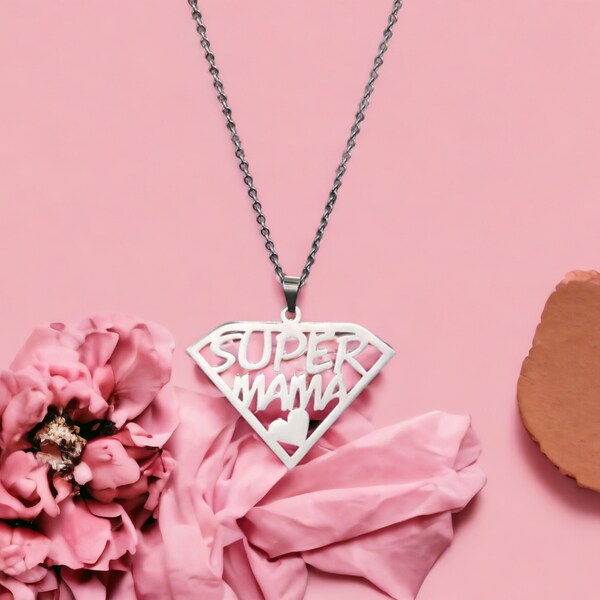 Super Mama Necklace 2024 - Stainless Steel Jewelry for Women, Available in Gold or Steel Color, Perfect Mother's Day Gift