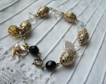 Vintage Filigree Bead Faceted Glass Mother of Pearl Bracelet