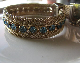 Vintage Aqua Blue Faceted Glass and Gold Mesh Bracelet