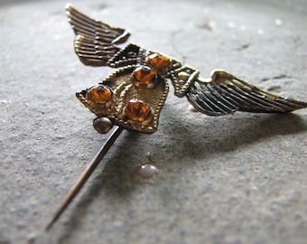 Vintage Antique Winged Liberty Bell Yellow Topaz Stones Brooch Stick Pin Tie Lapel Collar