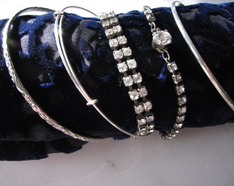 Vintage Rhinestone Bracelets, Bangles, Stack, Collection, Silver