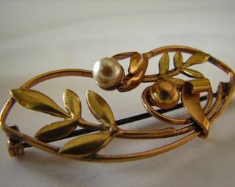 Vintage Pearl Flower Gold Filled Carl Art Brooch Nature Leaves