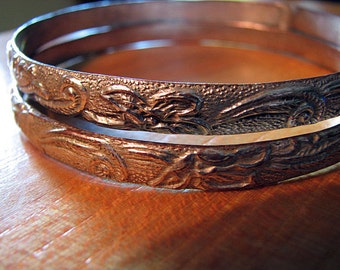 Ornate Silvertone Vintage Elegant Bangle Set Floral and Leaf Motif