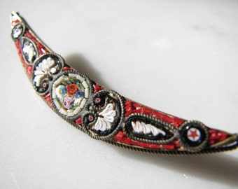 Vintage Antique Micro Mosaic Millefiori Crescent Red Italian Brooch