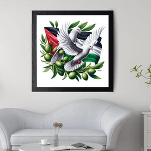 Free Gaza Art Print – Peace Doves, Palestine Flag & Olive Branches | Stop the Genocide, Boycott Israel, Digital Protest Poster