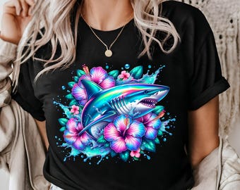 Floral Shark Graphic Tee: Ocean Beach Vibes T-Shirt